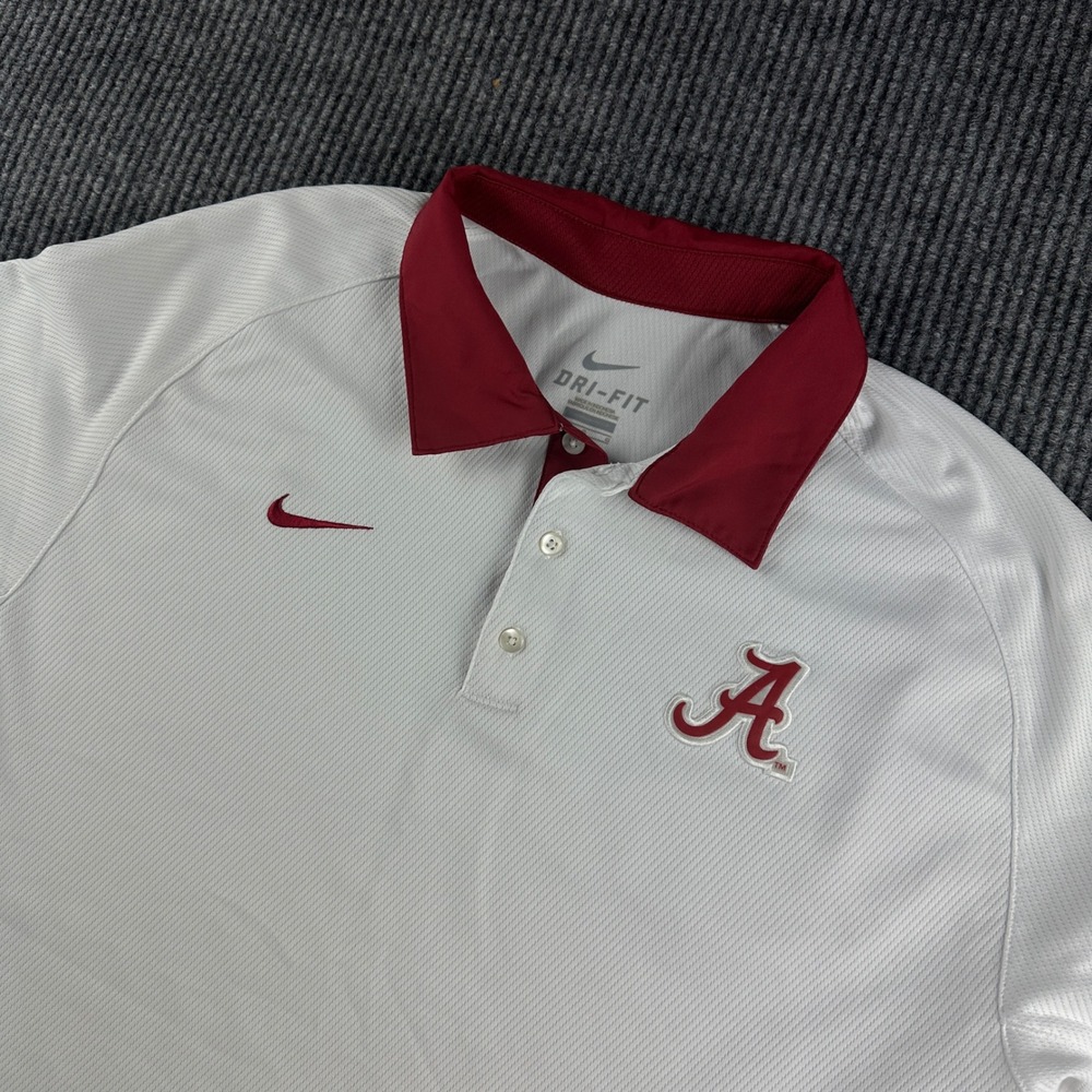 Nike Alabama Crimson Tide Dri-FIT Polo Mens Large White Red Logo Shirt 2322